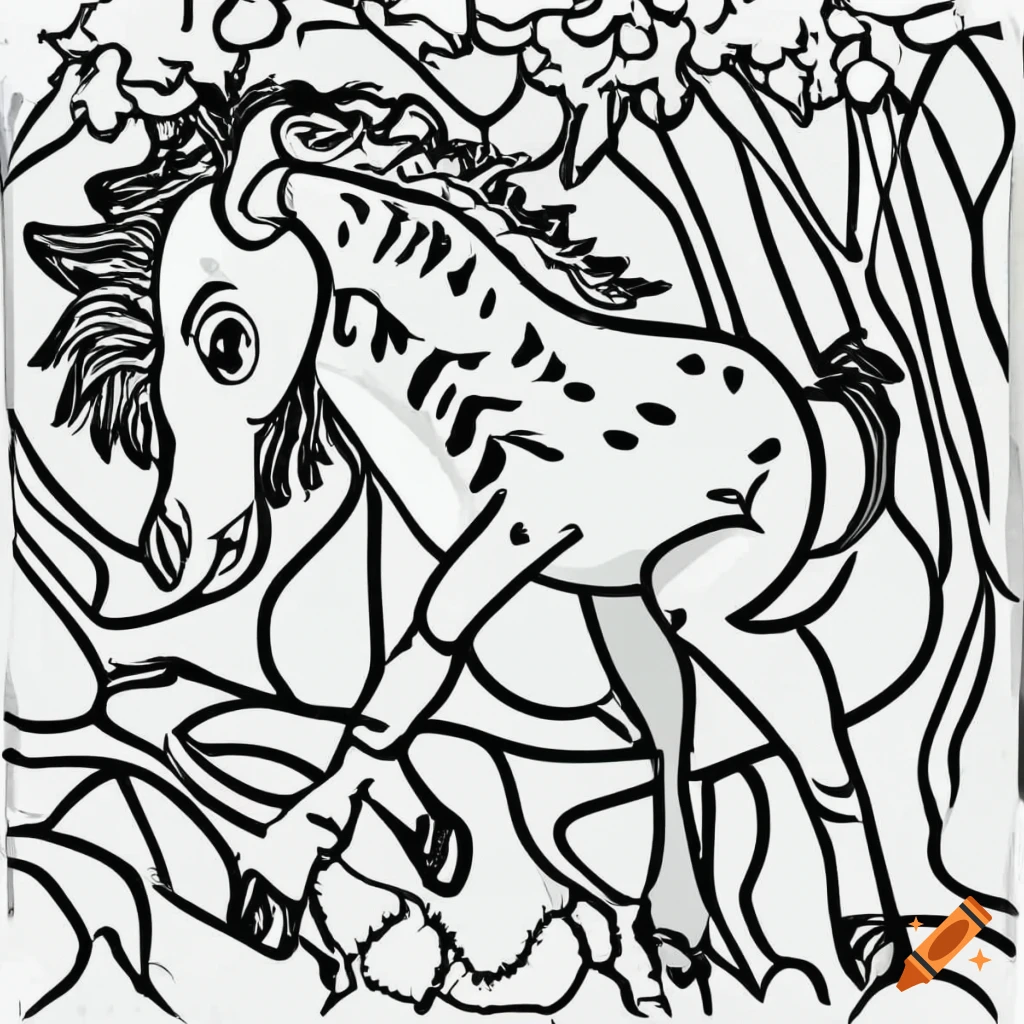 Coloring page for kids horse running in forest cartoon style thick lines low detail no shading