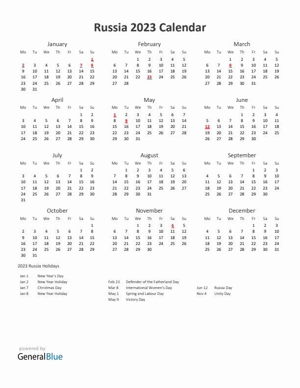 Russia calendar with holidays
