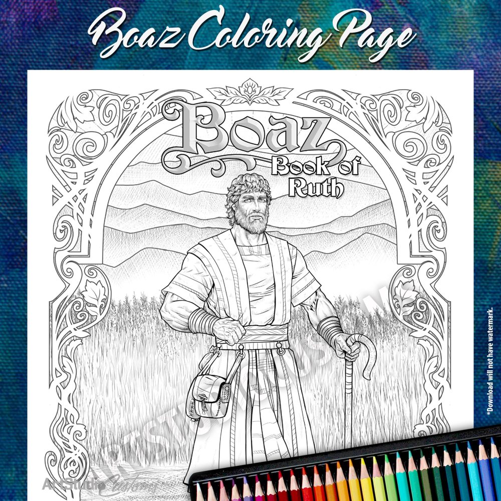 Printable boaz coloring page from the old testament black and white line art jpg pdf digital download