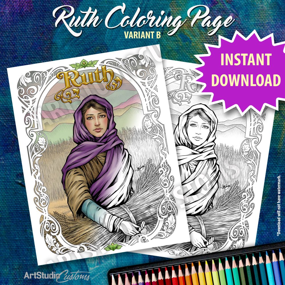 Printable ruth coloring page variant b from the old testament black and white line art jpg pdf digital download