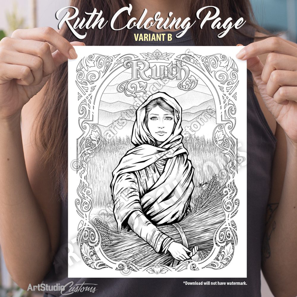 Printable ruth coloring page variant b from the old testament black and white line art jpg pdf digital download