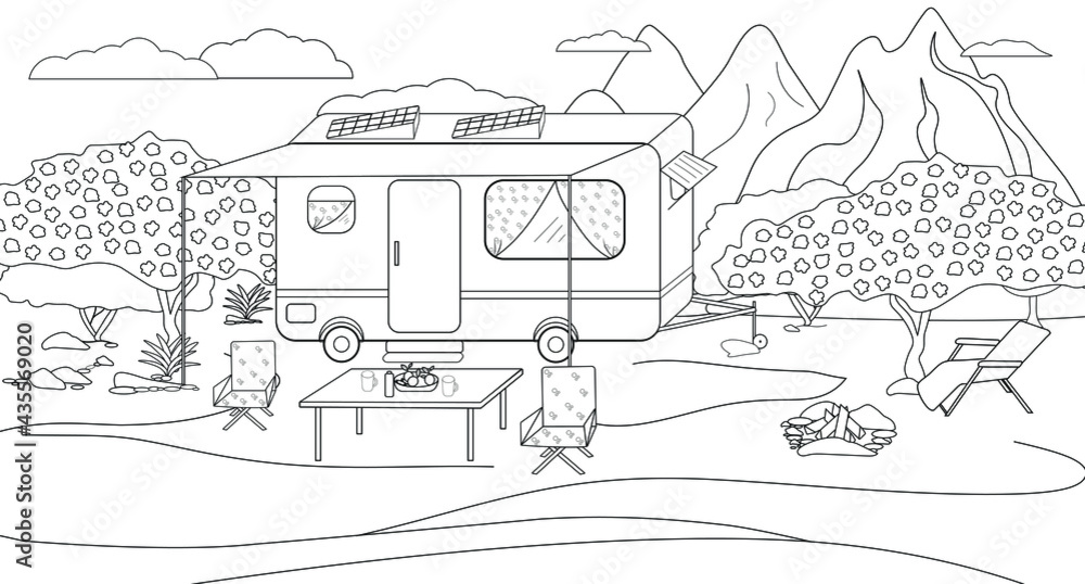 Residential trailer trailer coloring book for family travel illustration of a parking lot for a motorhome on the background of a mountain landscape suitable for page design book design decoration