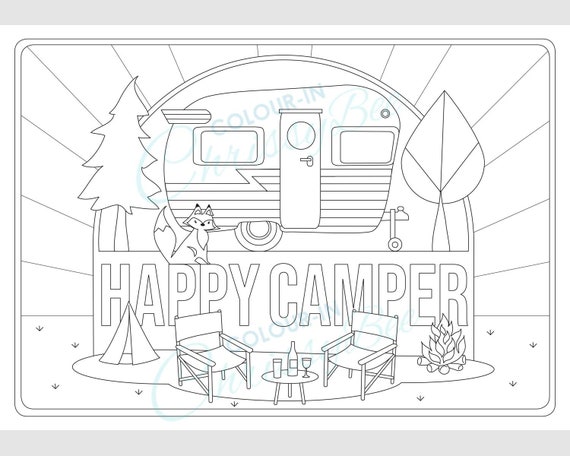 Printable camping coloring page happy camper retro rv activity sheet colouring for adults and kids a and letter format download now