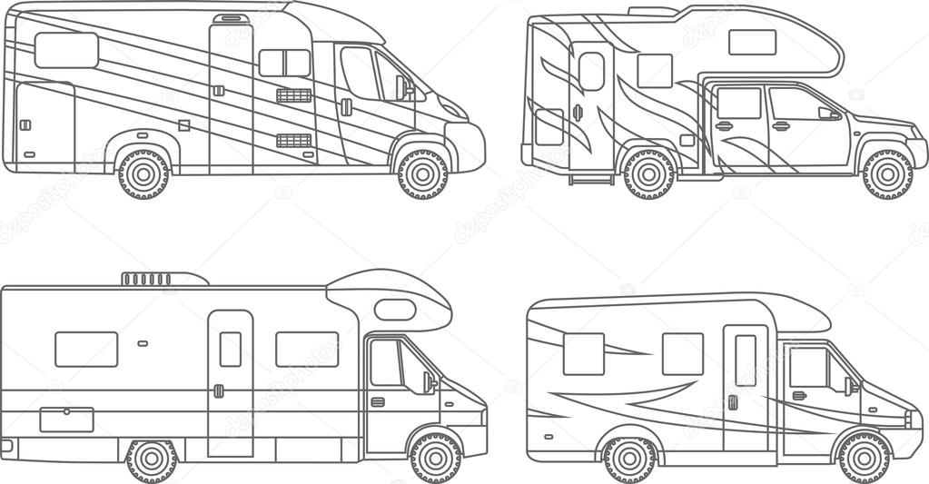 Coloring pages set of different silhouettes car travel trailers flat linear icons isolated on white background modern caravan vector illustration stock vector by yustus