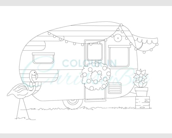 Christmas coloring page printable adult coloring page rv camper caravan flamingo