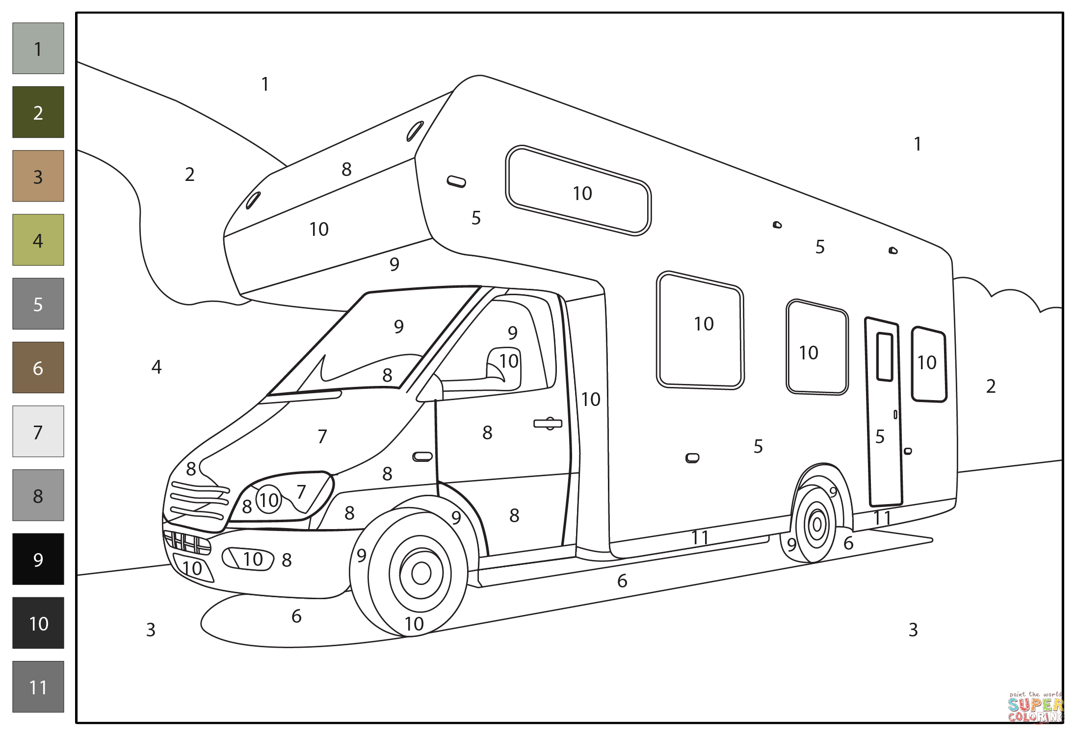 Camper color by number coloring page free printable coloring pages