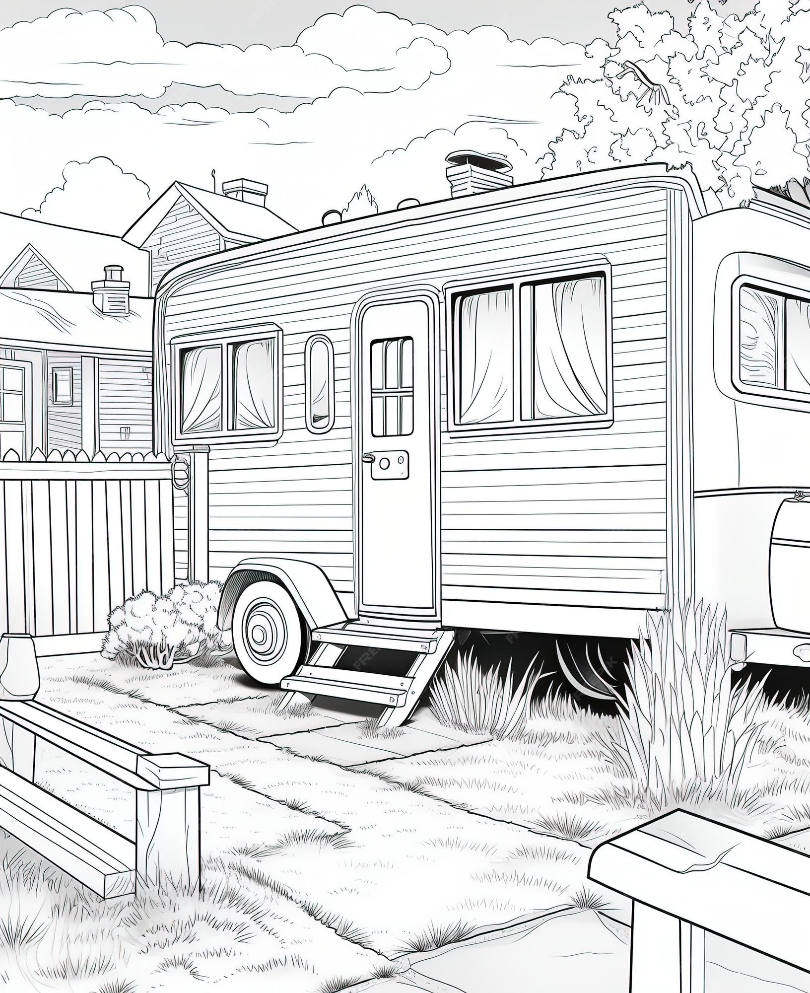 Premium vector coloring book page for kids people that live in a trailer park