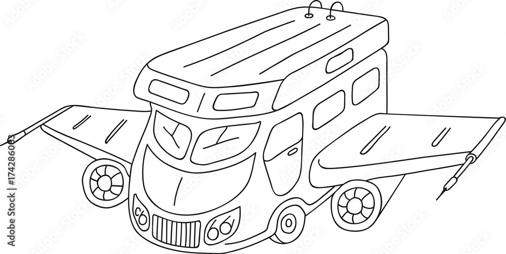 Hand drawn vector illustration rv camper motorhome concept mobility vacation traveling coloring page logo template vector