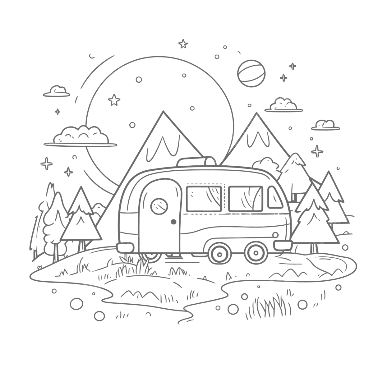 The camper coloring image features a camper in the middle a hill and mountains and the sun outline sketch drawing vector sun drawing mountain drawing wing drawing png and vector with transparent