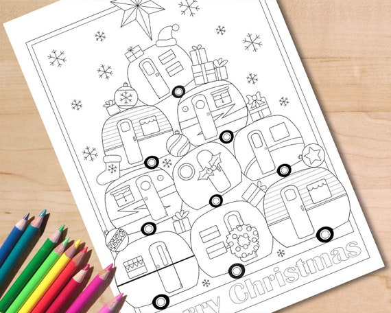 Christmas camper coloring page printable pdf rv camping colouring page xmas tree adult coloring sheet