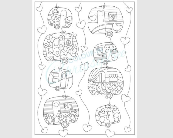 Cute camper coloring page retro rv camping coloring sheet printable pdf adult coloring page