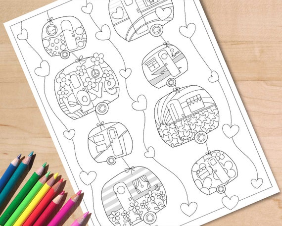 Cute camper coloring page retro rv camping coloring sheet printable pdf adult coloring page