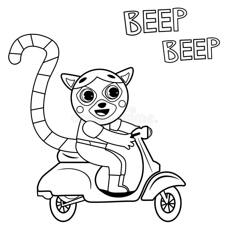 Coloring page outline of cartoon lemur on motorbike vector image on white background stock vector