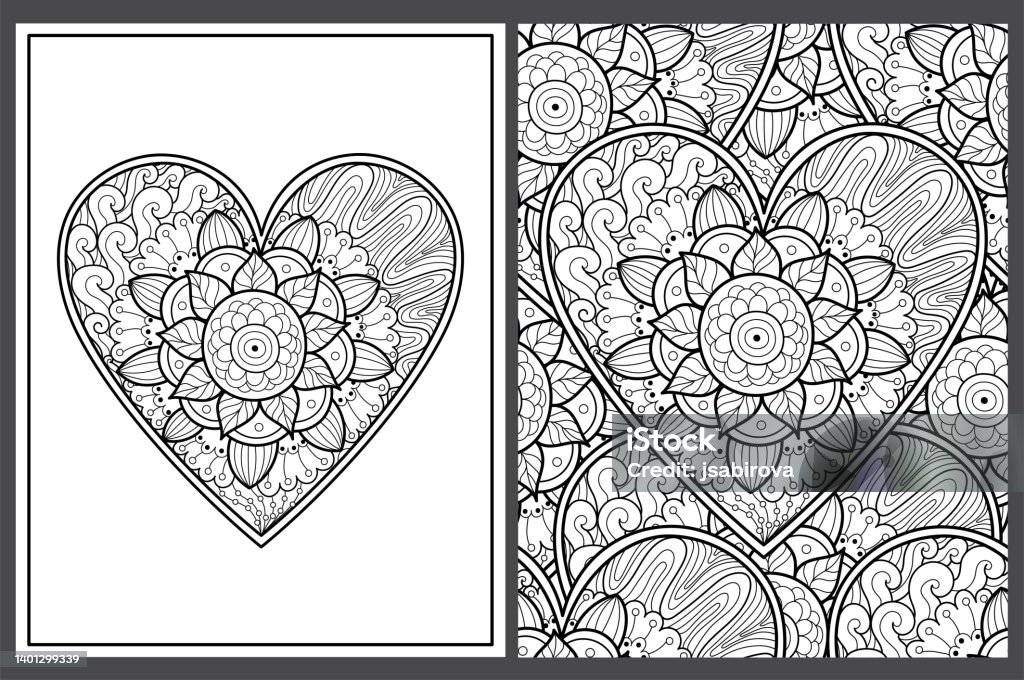 Cute floral heart coloring pages set stock illustration