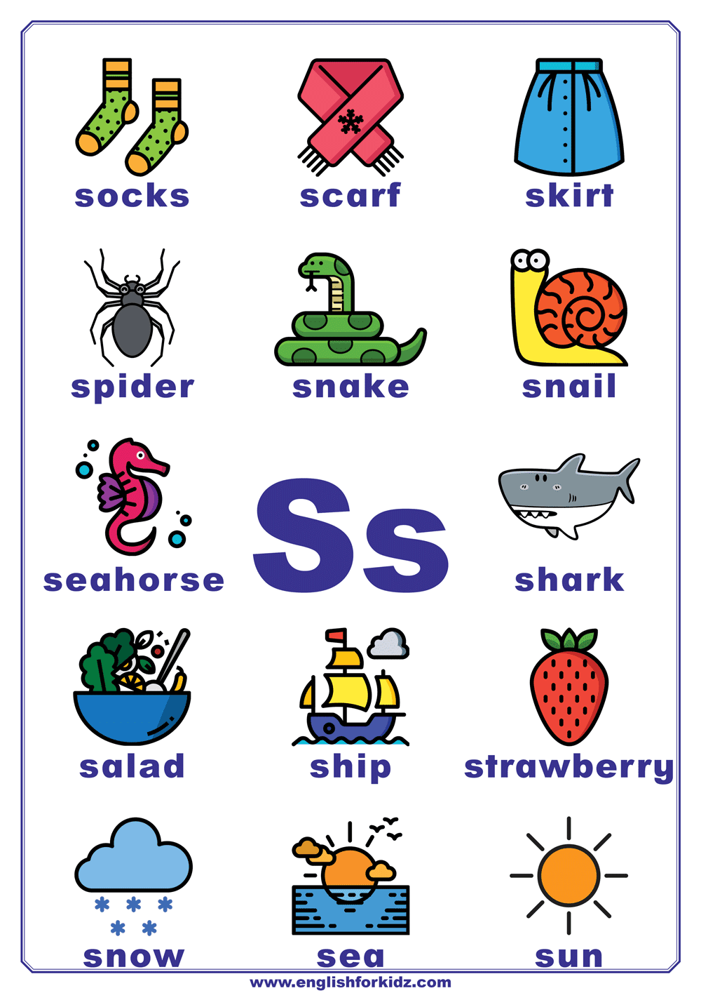 English for kids step by step letter s worksheets flash cards coloring pages