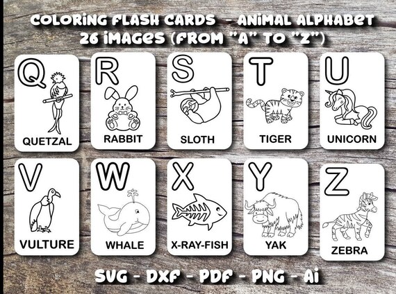 Svg coloring flash cards animal alphabet from a to z coloring book for kids template svg cutting file cricut first abc preschooler instant download