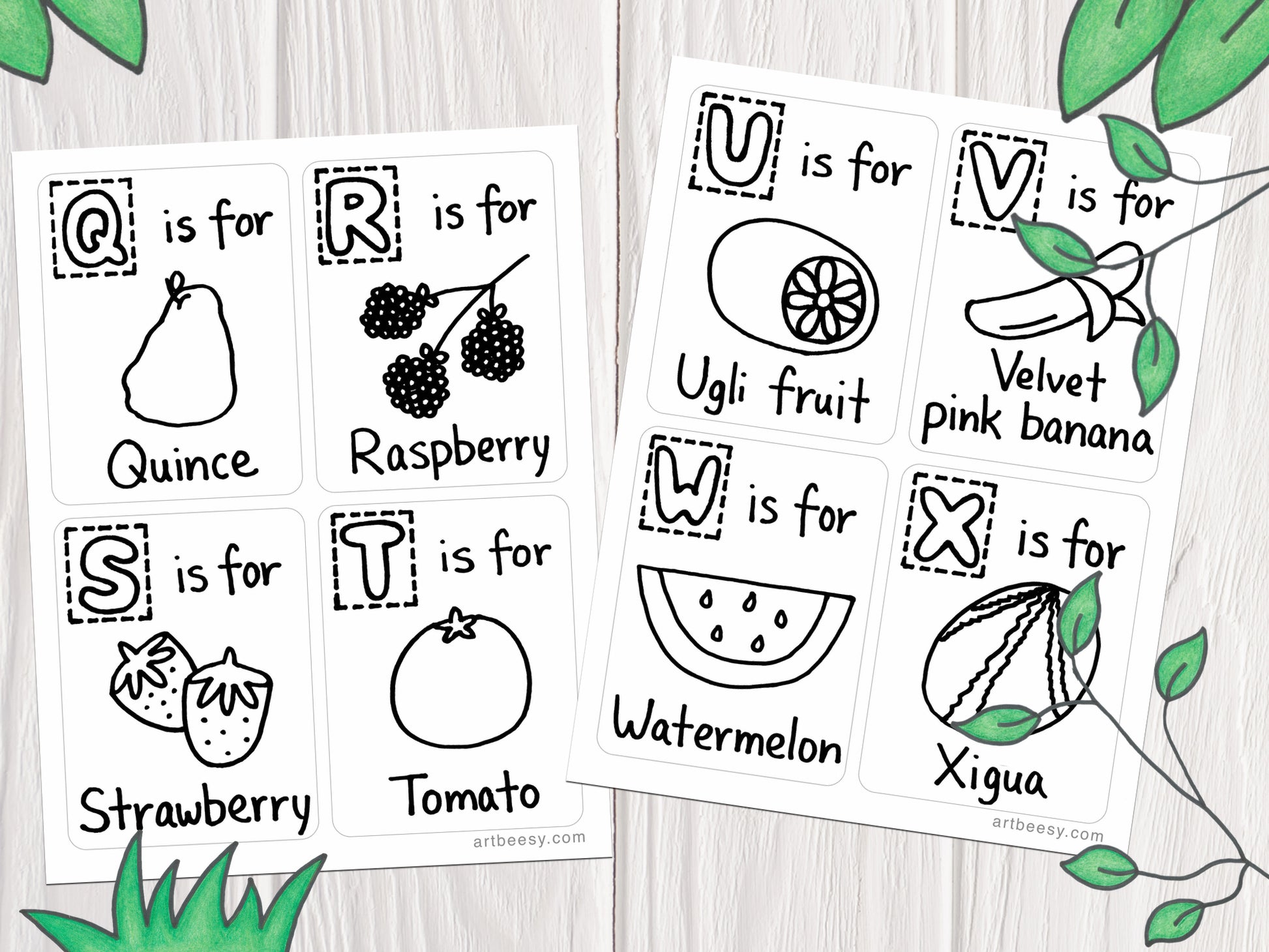 Abc fruits printable flashcards colorable edition â