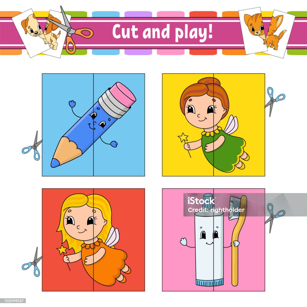 Cut and play flash cards color puzzle toothpaste fairy pencil education developing worksheet activity page game for children funny character isolated vector illustration cartoon style stock illustration