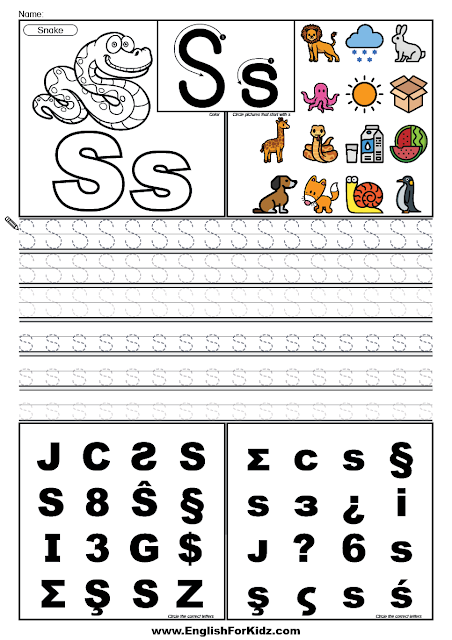 English for kids step by step letter s worksheets flash cards coloring pages