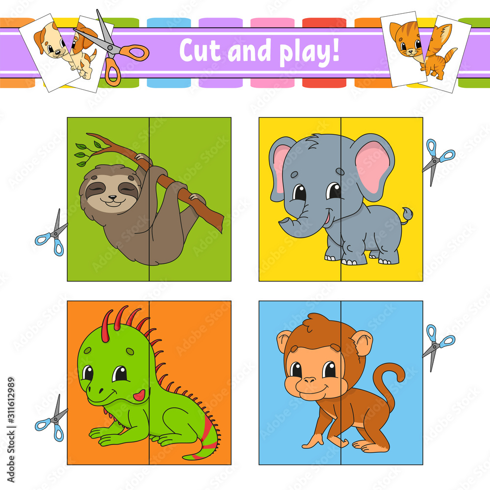 Cut and play flash cards color puzzle education developing worksheet activity page game for children funny character isolated vector illustration cartoon style vector