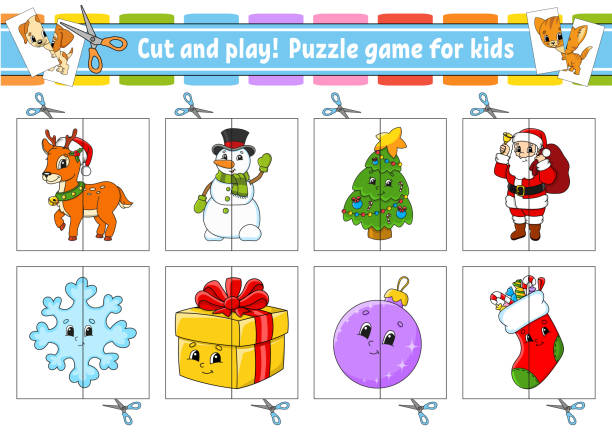 Cut and play flash cards color puzzle education developing worksheet activity page game for children funny character isolated vector illustration cartoon style christmas theme stock illustration