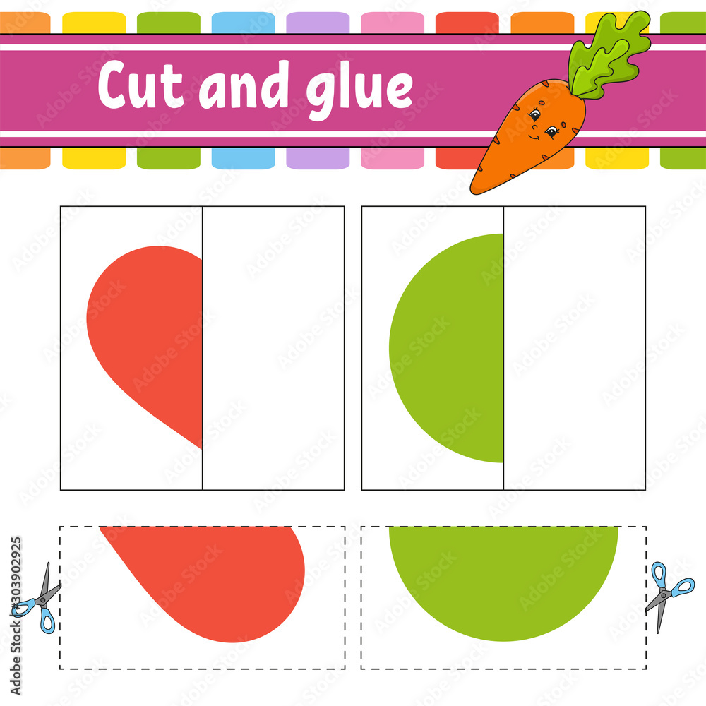 Cut and play paper game with glue flash cards color puzzle education developing worksheet activity page for children funny character isolated vector illustration cartoon style vector