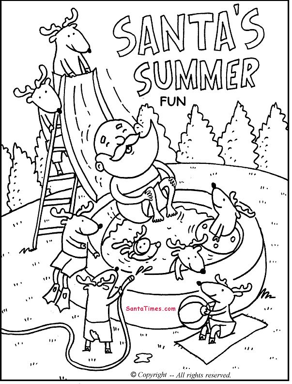 Summer fun with santa printable coloring page