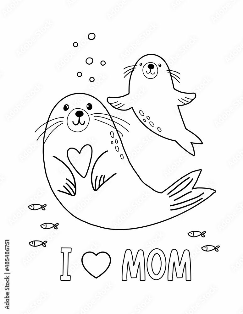 Cute cartoon coloring page with seal mom and baby mothers day vector printable worksheets for preschool vector