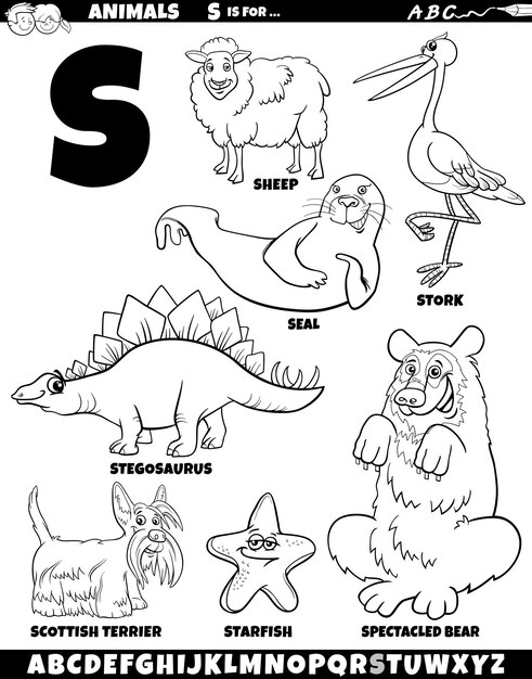 Premium vector cartoon illustration of animal characters set for letter s coloring page