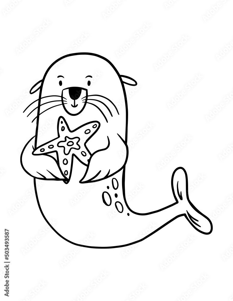 Fur seal with star coloring page for kids simple ocean animal illustration on white background illustration