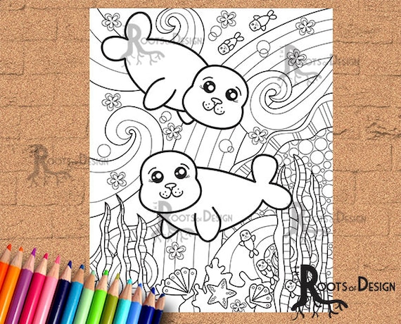 Instant download coloring page cute seal page print doodle art printable