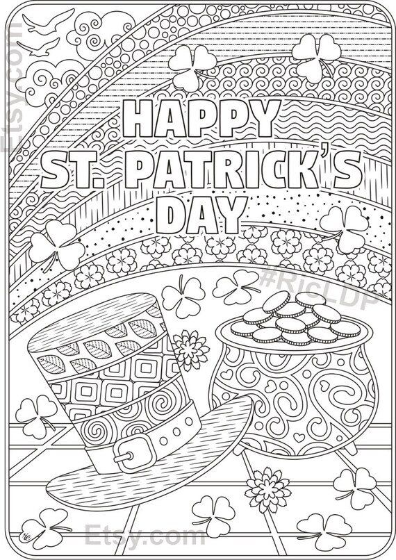 St patricks day coloring pages flowers and clover leaves rainbow pot of gold shamrock design digital download