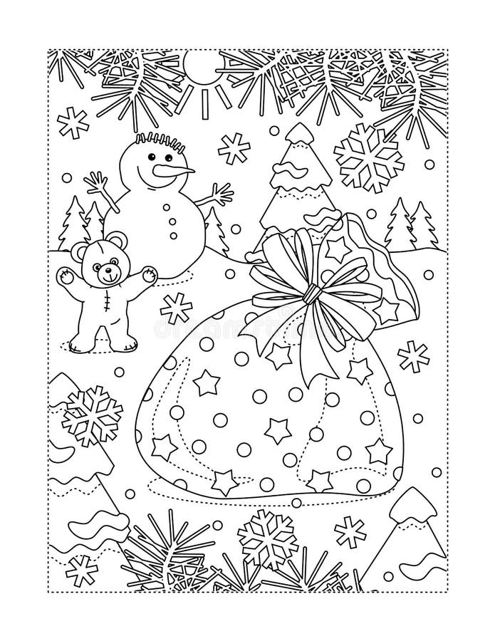 Coloring page with santas sack full of presents stock vector
