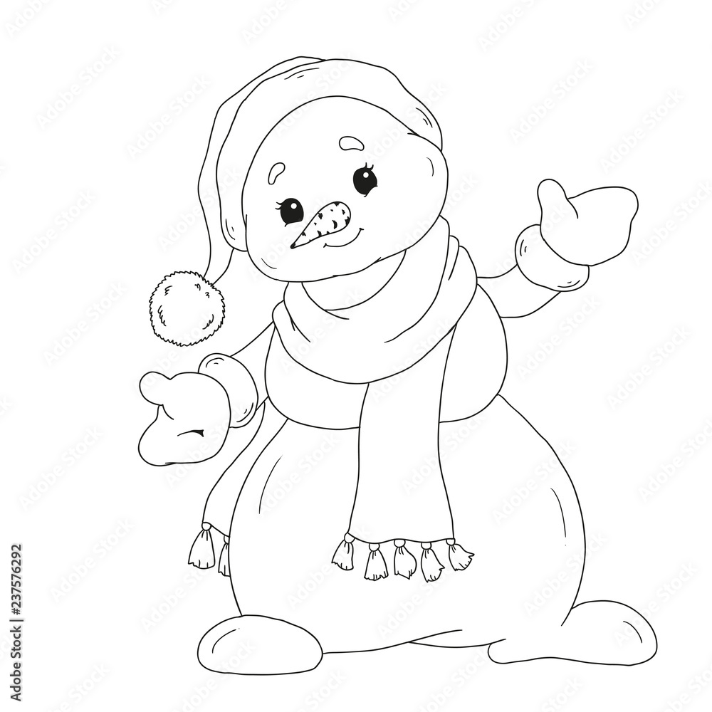 Snowman coloring book cute cartoon character snowman for childrens creativity snowman in a scarf vector isolated on white background vector