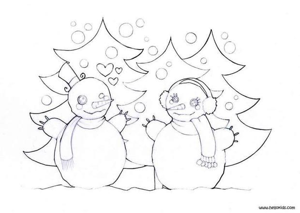 Snowman in love coloring pages