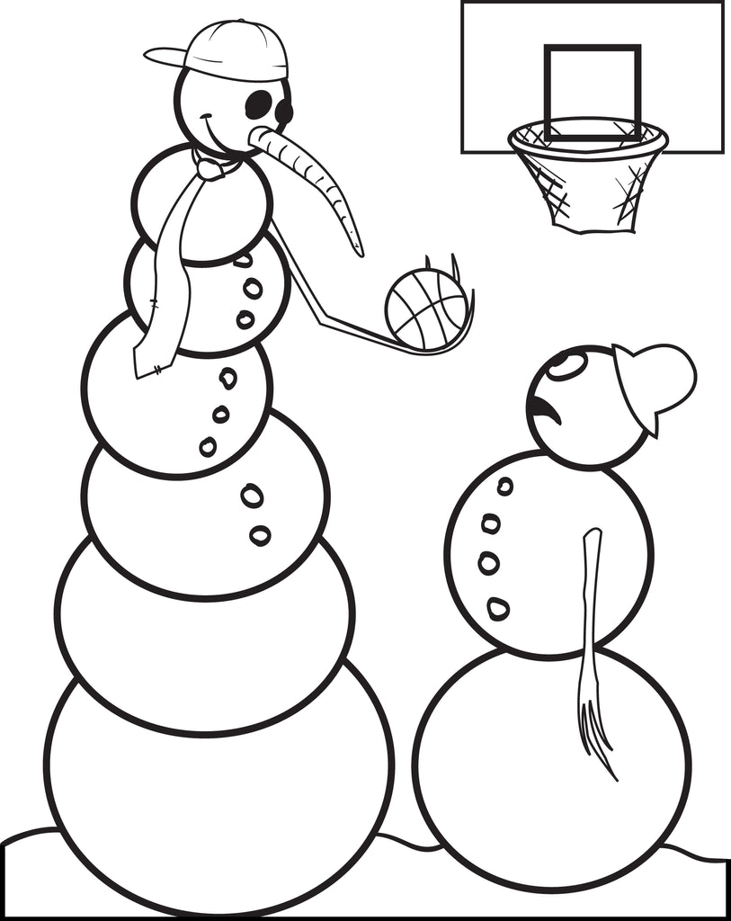 Printable snowman playing basketball coloring page for kids â