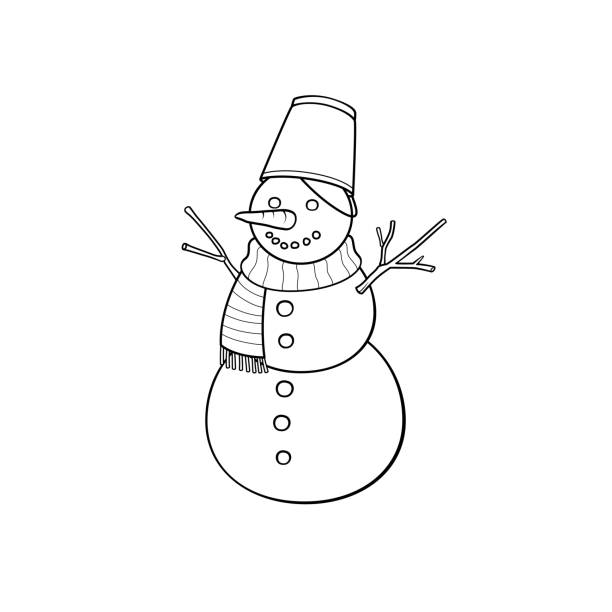 Black and white vector illustration of a childrens activity coloring book page with pictures of season snowman stock illustration
