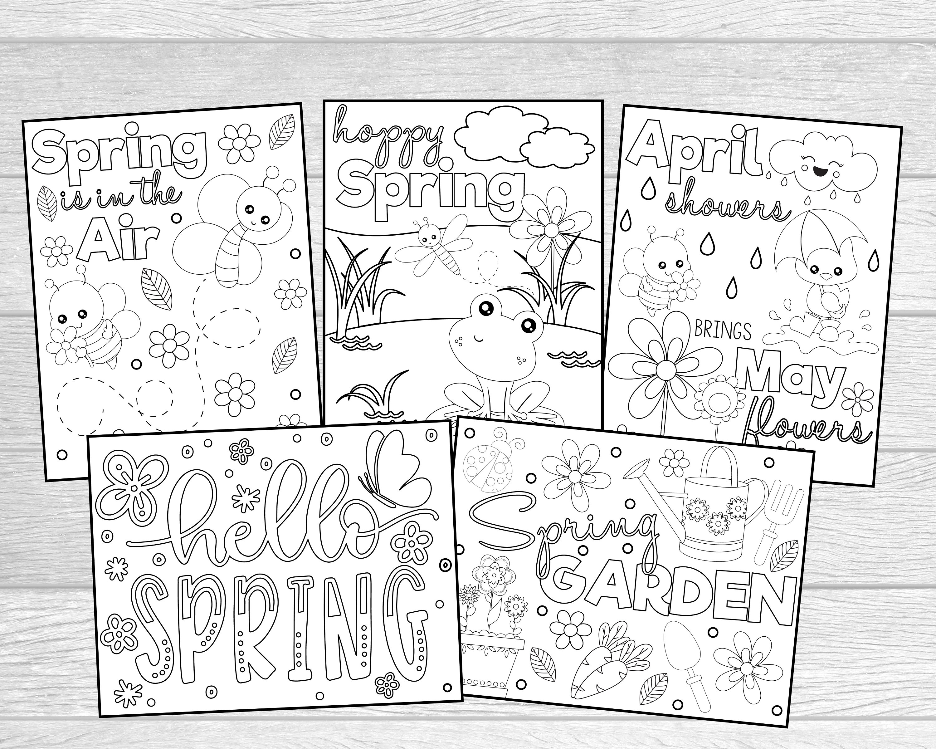 Printable spring coloring pages for kids or adults instant digital download first day of spring spring garden hoppy spring coloring