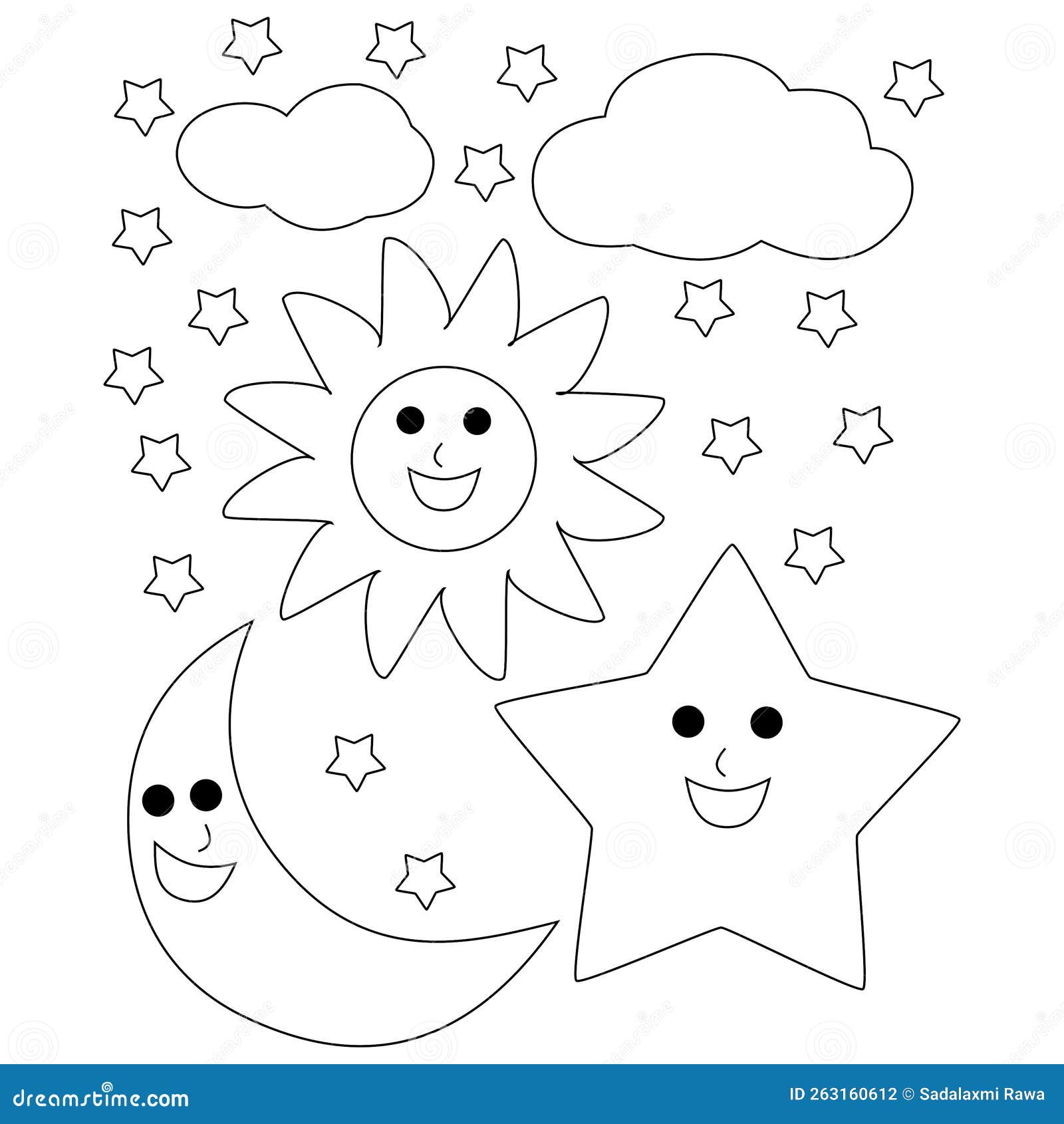 Sun moon and stars with clouds coloring page stock photo