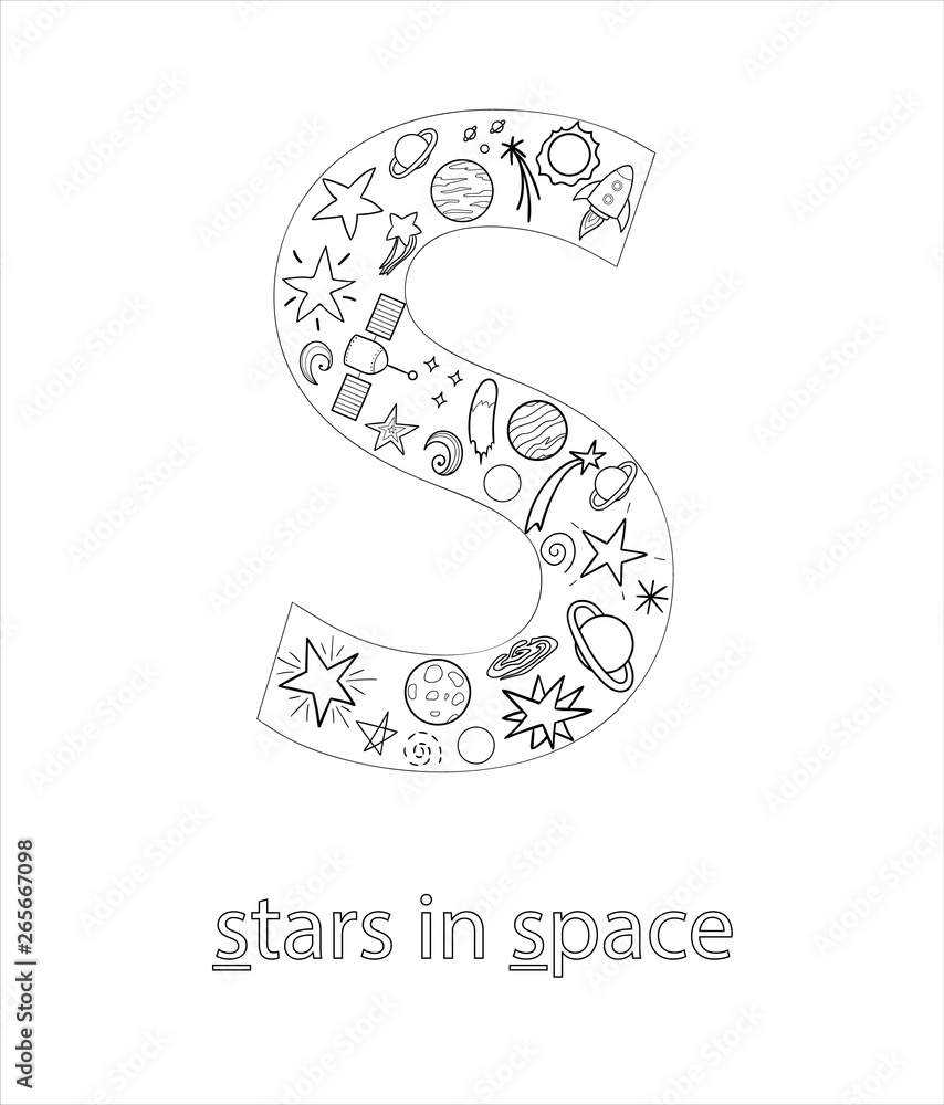 Black and white alphabet letter s phonics flashcard cute letter s for teaching reading with cartoon style stars in space planets rockets coloring page for children vector