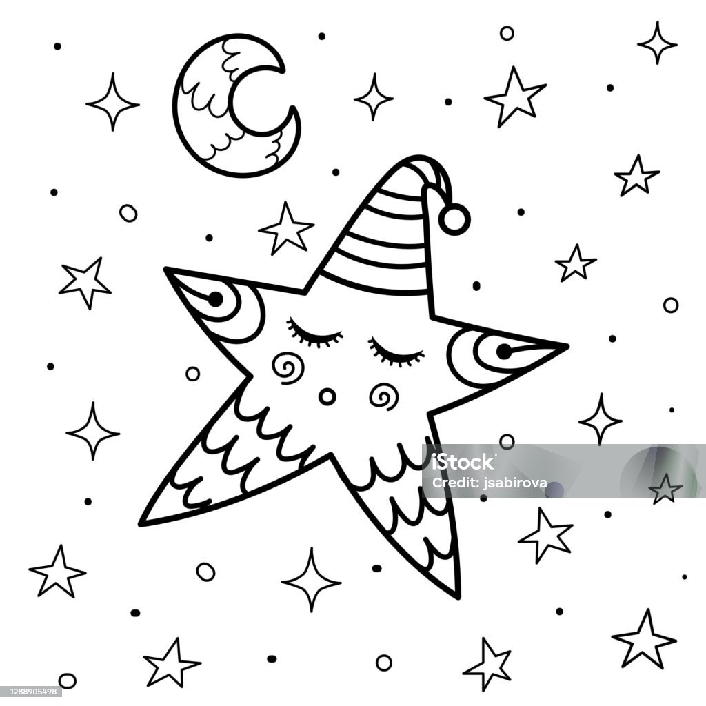 Cute sleeping star coloring page good night background for coloring book sweet dreams black and white postcard stock illustration