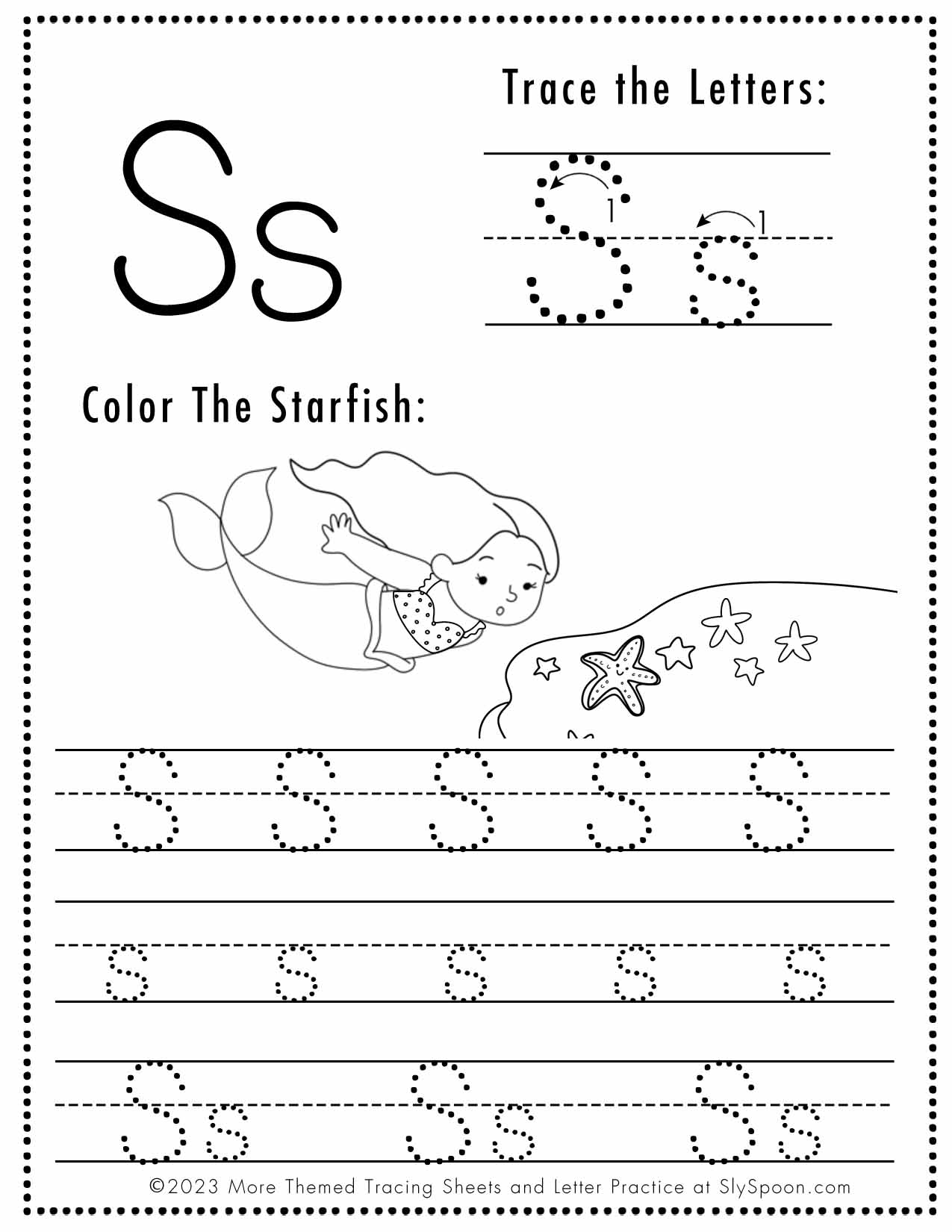 Free letter s tracing worksheet printable mermaid themed