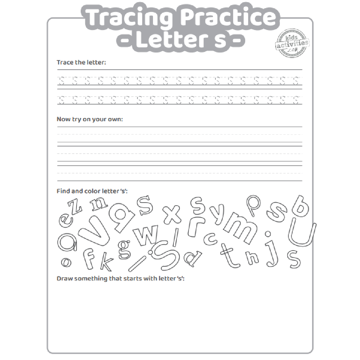 Free letter s practice worksheet trace it write it find it draw kids activities blog