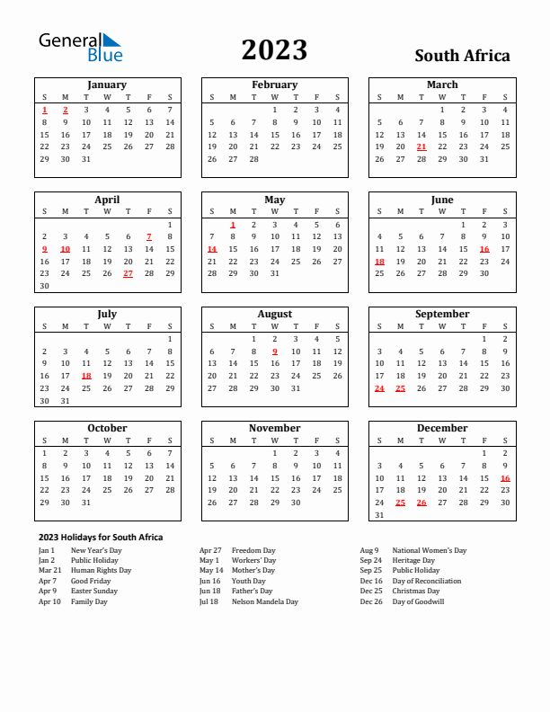 South africa calendar with holidays