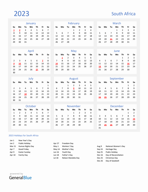 South africa calendar with holidays