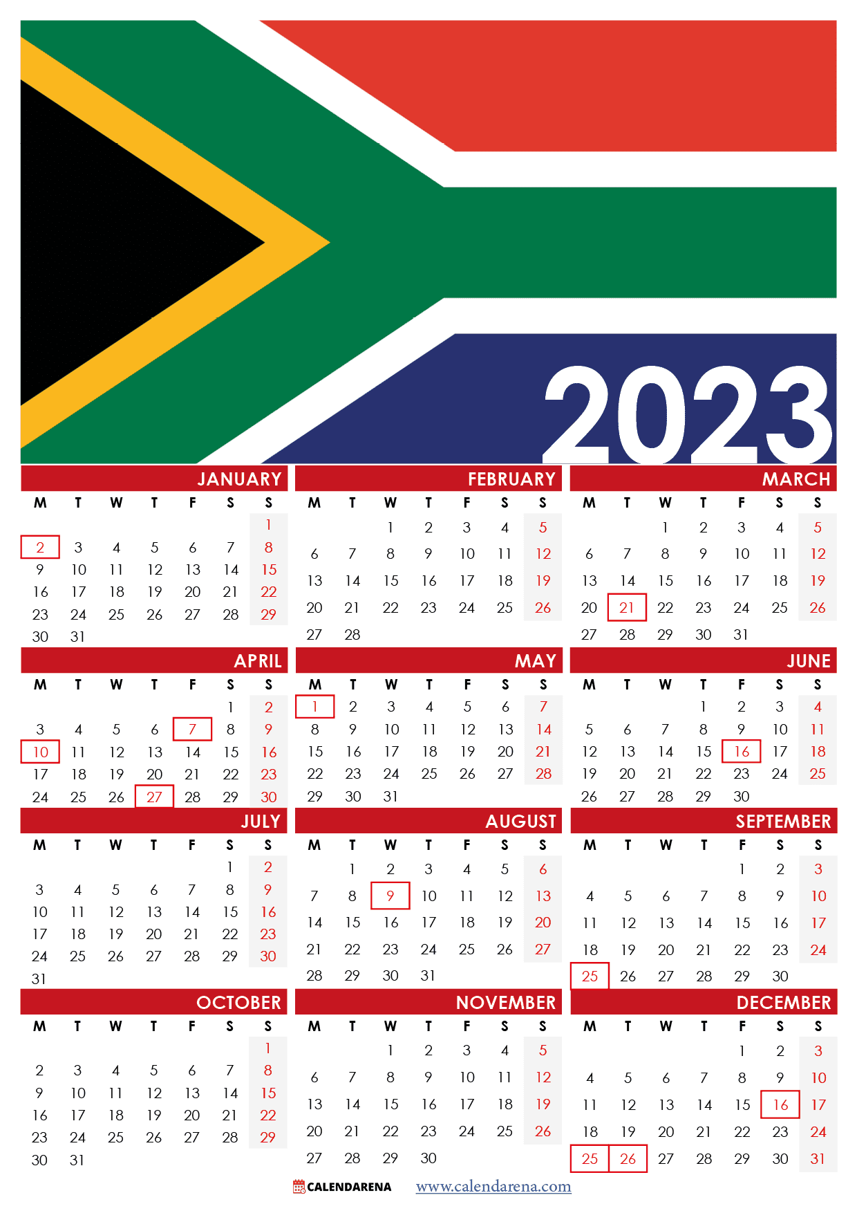 South africa calendar with holidays printable