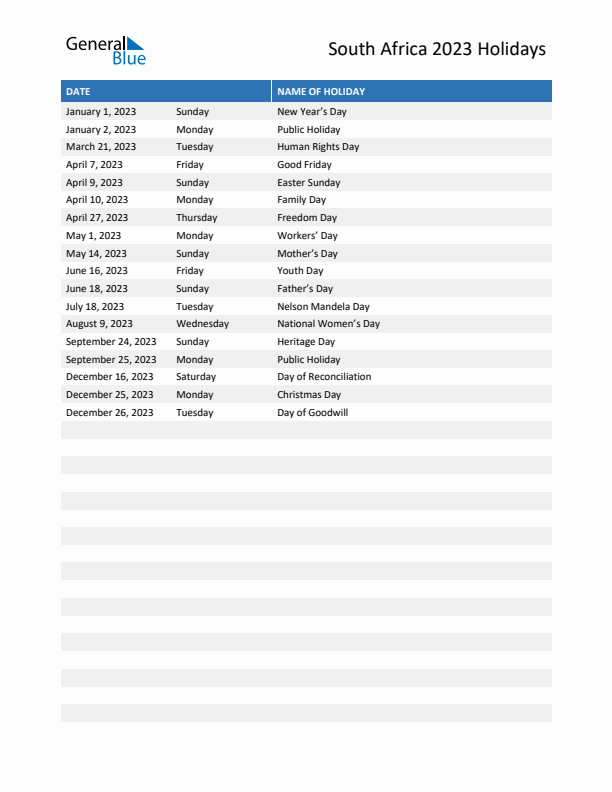 South africa list of holidays in pdf word and excel