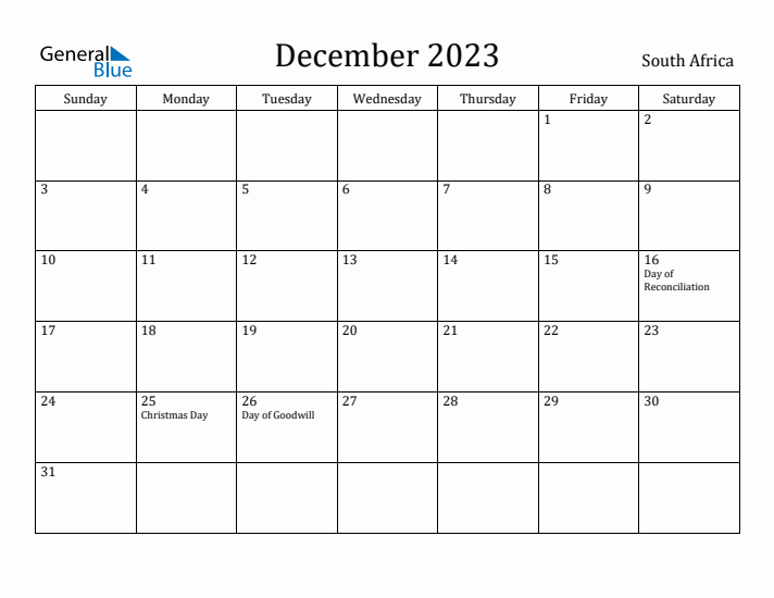 December monthly calendar with south africa holidays