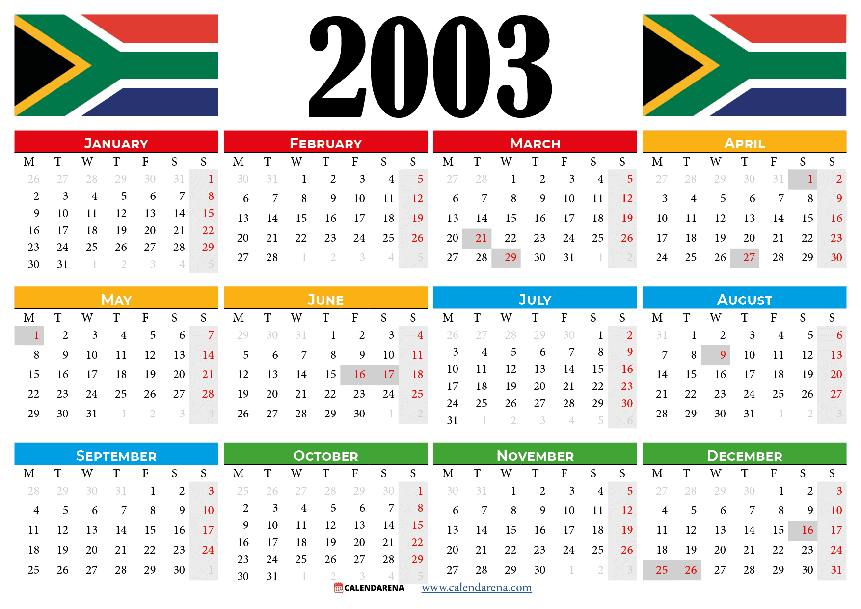 South africa calendar with holidays printable