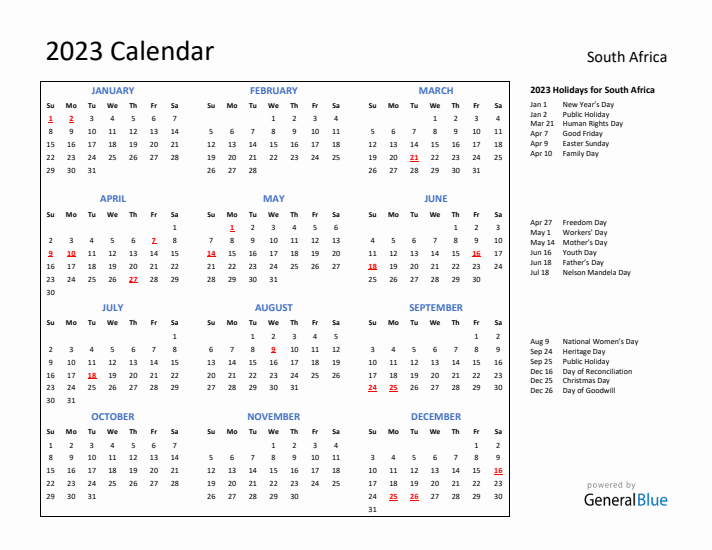 South africa calendar with holidays